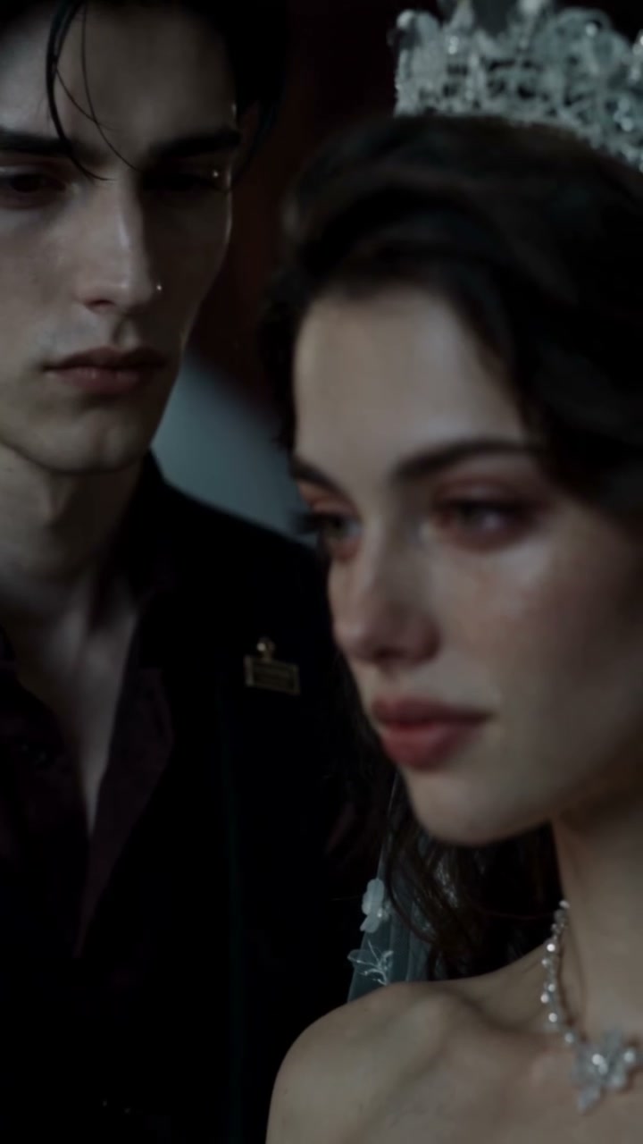 Nora in a bridal veil beside her mysterious escort in the haunted mall
